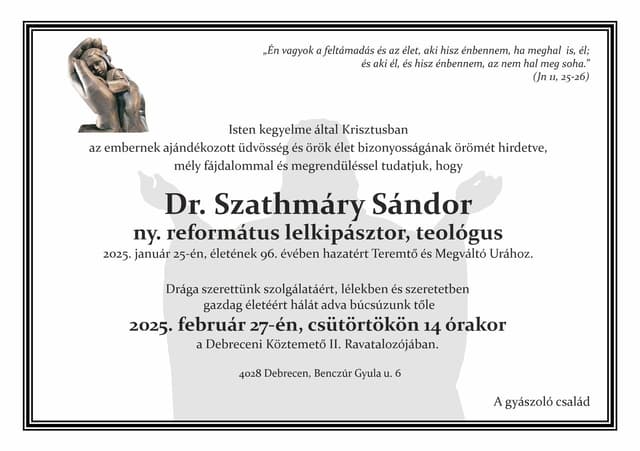 Elhunyt Szathmáry Sándor református lelkész, teológus, kutatóprofesszor